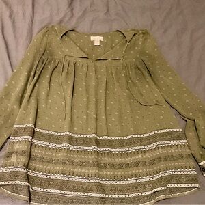 LOFT Sage Green Blouse with Patterned Hem